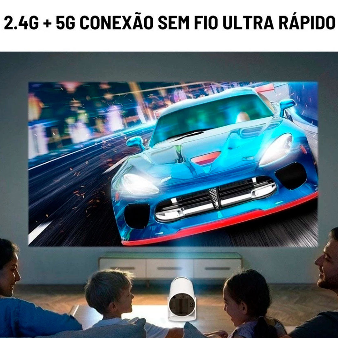 Kit com projetor portátil 4K HD, controle remoto, cabo de alimentação e manual. Modelo cilíndrico, branco, com conexões HDMI, USB e sistema Android integrado.