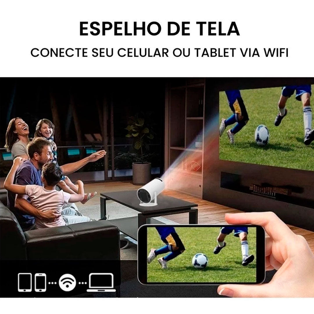 Kit com projetor portátil 4K HD, controle remoto, cabo de alimentação e manual. Modelo cilíndrico, branco, com conexões HDMI, USB e sistema Android integrado.