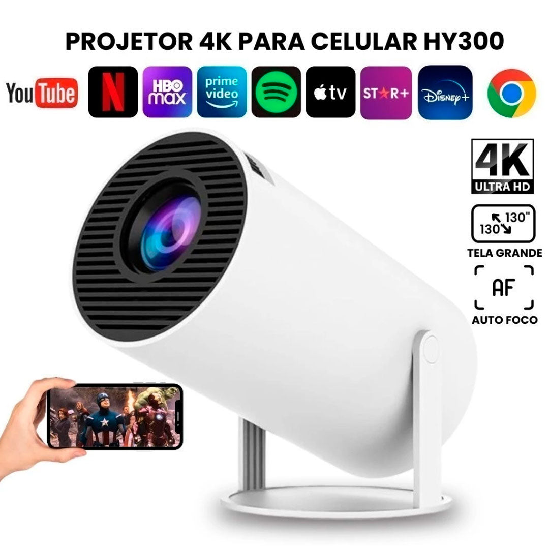 Kit com projetor portátil 4K HD, controle remoto, cabo de alimentação e manual. Modelo cilíndrico, branco, com conexões HDMI, USB e sistema Android integrado.