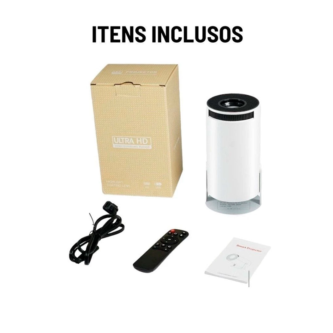 Kit com projetor portátil 4K HD, controle remoto, cabo de alimentação e manual. Modelo cilíndrico, branco, com conexões HDMI, USB e sistema Android integrado.