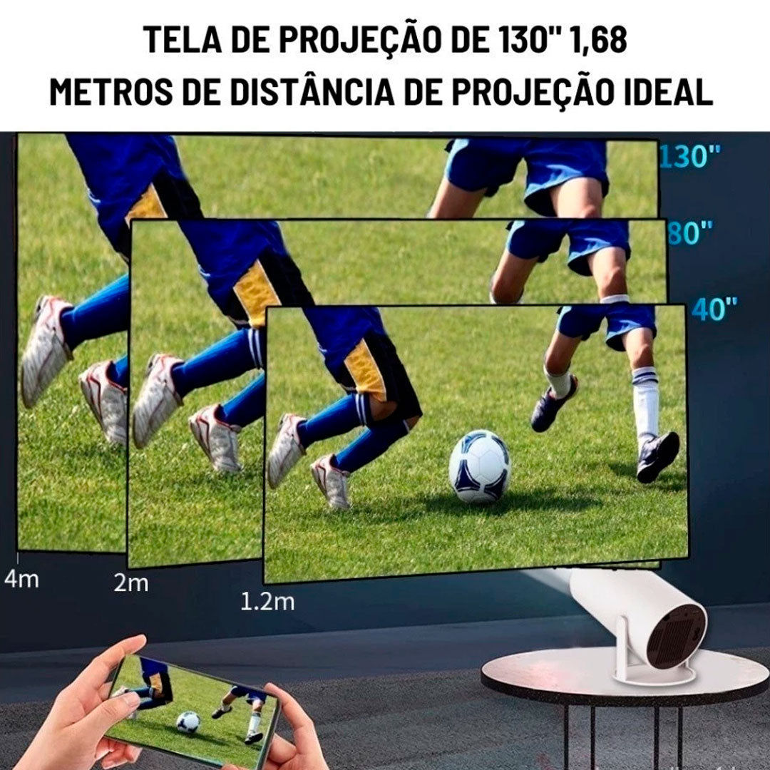 Kit com projetor portátil 4K HD, controle remoto, cabo de alimentação e manual. Modelo cilíndrico, branco, com conexões HDMI, USB e sistema Android integrado.