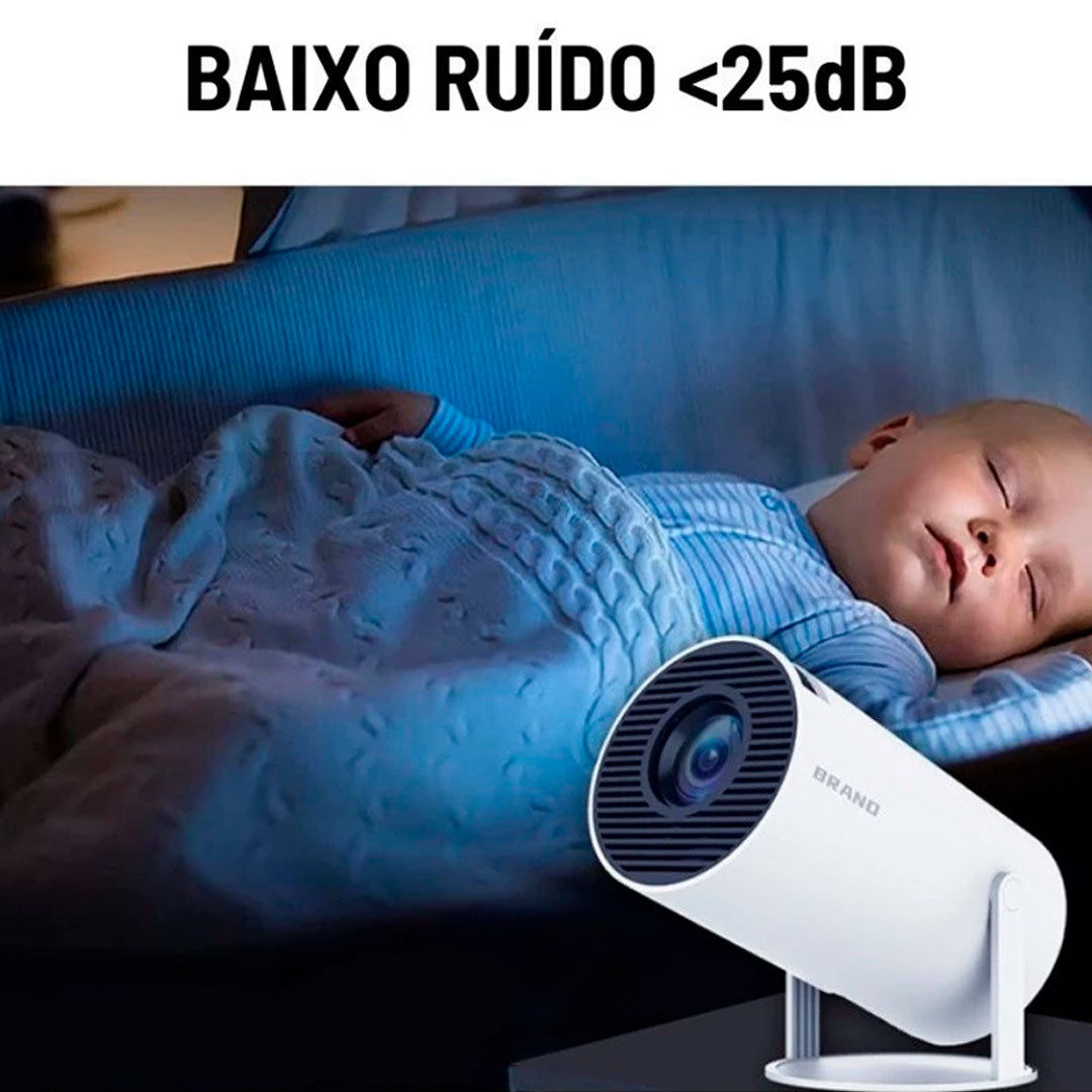 Kit com projetor portátil 4K HD, controle remoto, cabo de alimentação e manual. Modelo cilíndrico, branco, com conexões HDMI, USB e sistema Android integrado.