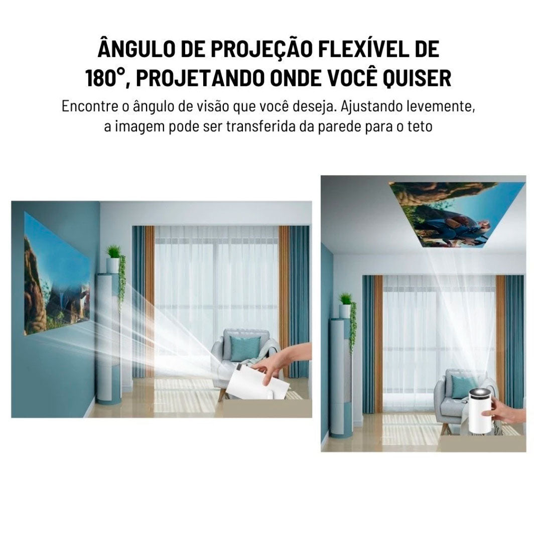 Kit com projetor portátil 4K HD, controle remoto, cabo de alimentação e manual. Modelo cilíndrico, branco, com conexões HDMI, USB e sistema Android integrado.