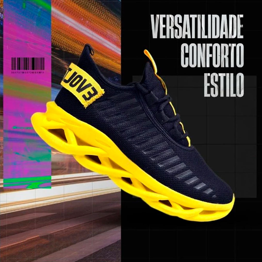 Tênis feminino esportivo com solado tecnológico em micro expandido, cabedal em malha respirável e design moderno. Disponível em cores vibrantes como pink, amarelo e verde neon.
