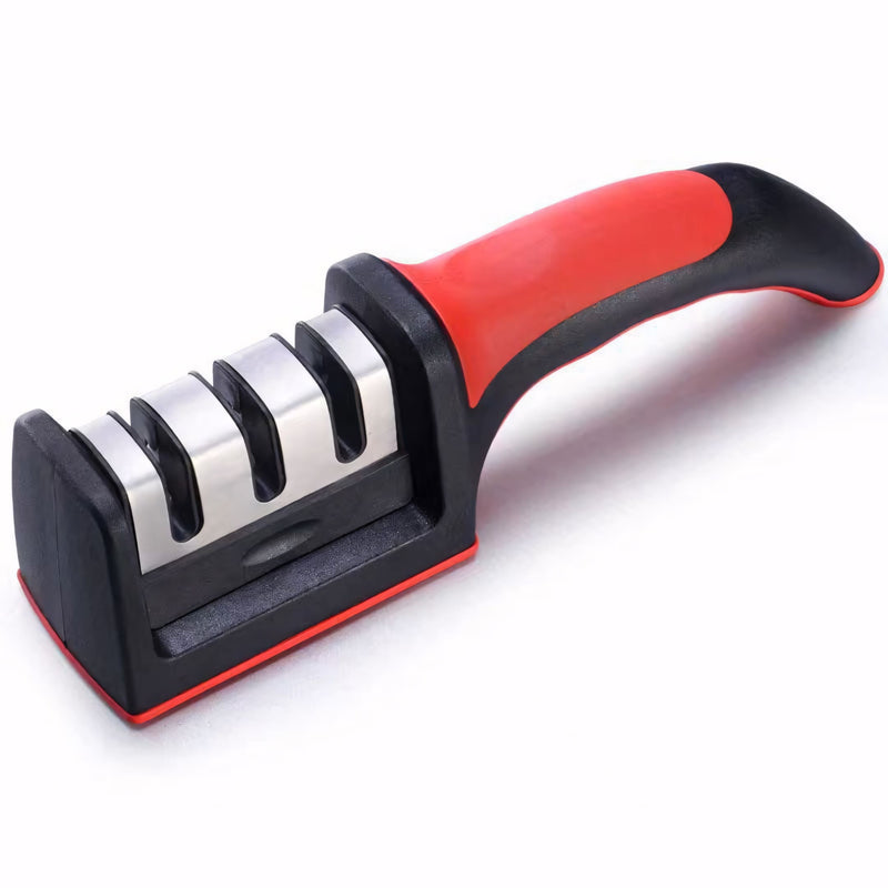 Amolador de facas com 3 estágios para afiação precisa e segura. Design ergonômico, base antiderrapante e compatível com diversos tipos de facas. Ideal para uso na cozinha e churrascos.