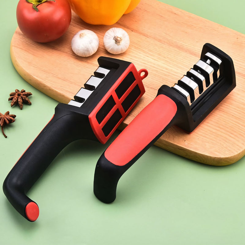 Amolador de facas com 3 estágios para afiação precisa e segura. Design ergonômico, base antiderrapante e compatível com diversos tipos de facas. Ideal para uso na cozinha e churrascos.
