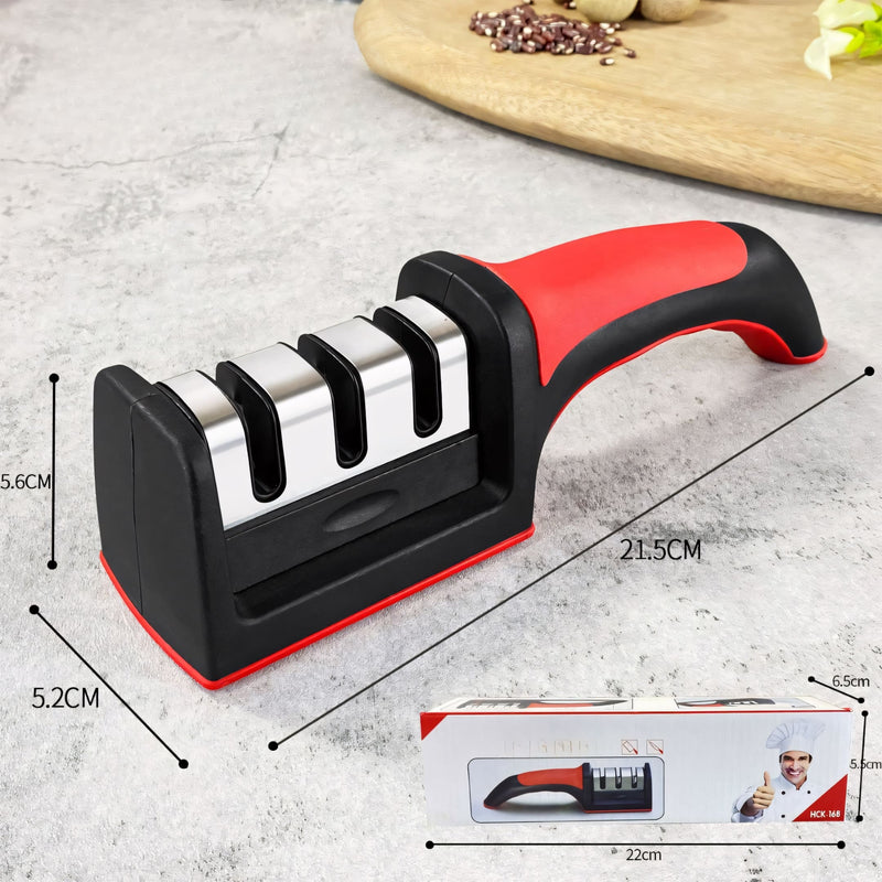 Amolador de facas com 3 estágios para afiação precisa e segura. Design ergonômico, base antiderrapante e compatível com diversos tipos de facas. Ideal para uso na cozinha e churrascos.