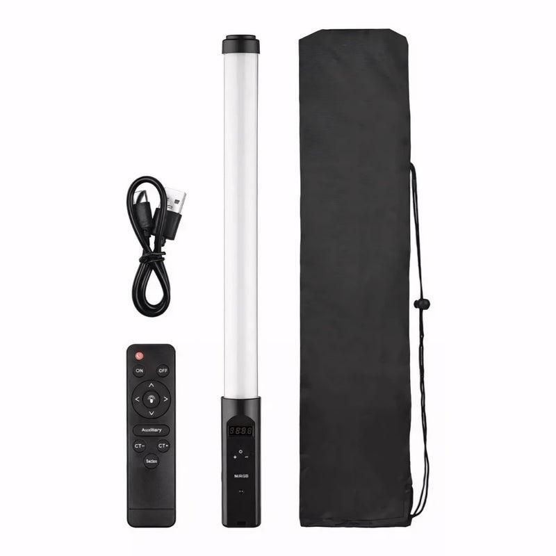 Luz LED portátil RGB de 50 cm com 5 modos de cor, controle remoto, cabo USB e bolsa de transporte. Ideal para fotos e vídeos criativos. Tripé compatível com rosca padrão 1/4 