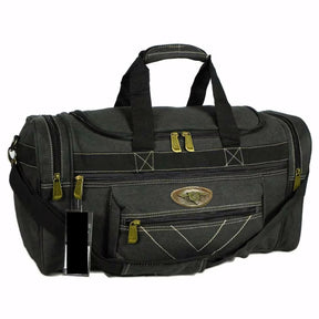 Bolsa de viagem grande em tecido bege, com alça de mão reforçada e alça transversal ajustável. Conta com compartimento principal espaçoso, bolsos extras e zíper reforçado.