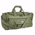 Bolsa de viagem grande em tecido bege, com alça de mão reforçada e alça transversal ajustável. Conta com compartimento principal espaçoso, bolsos extras e zíper reforçado.