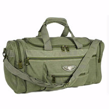 Bolsa de viagem grande em tecido bege, com alça de mão reforçada e alça transversal ajustável. Conta com compartimento principal espaçoso, bolsos extras e zíper reforçado.