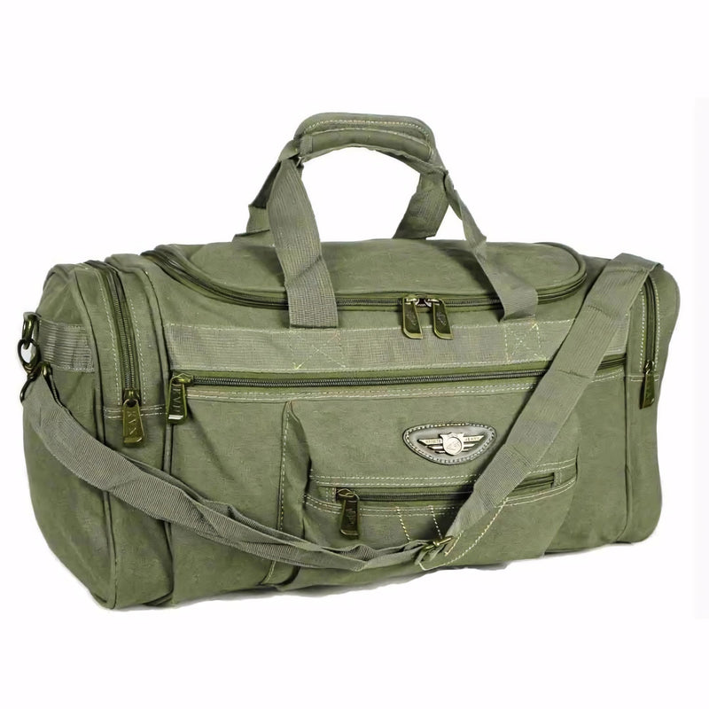 Bolsa de viagem grande em tecido bege, com alça de mão reforçada e alça transversal ajustável. Conta com compartimento principal espaçoso, bolsos extras e zíper reforçado.