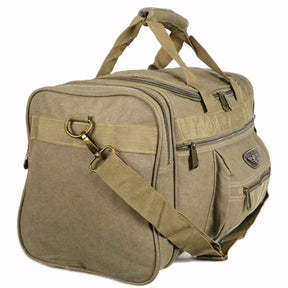Bolsa de viagem grande em tecido bege, com alça de mão reforçada e alça transversal ajustável. Conta com compartimento principal espaçoso, bolsos extras e zíper reforçado.