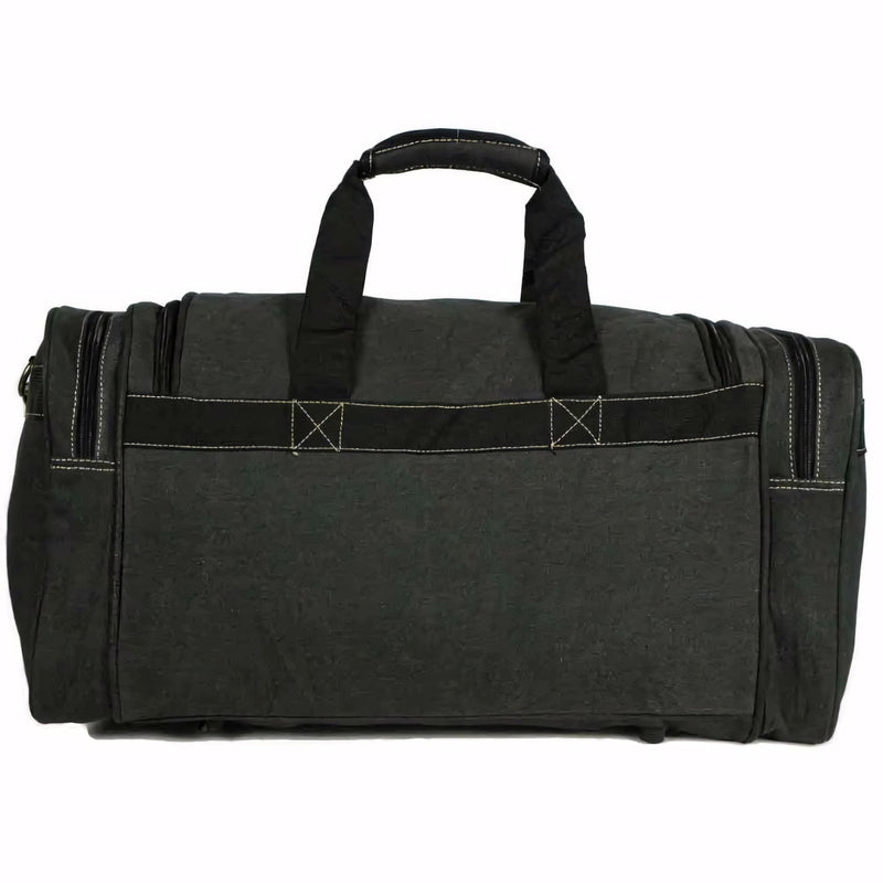 Bolsa de viagem grande em tecido bege, com alça de mão reforçada e alça transversal ajustável. Conta com compartimento principal espaçoso, bolsos extras e zíper reforçado.