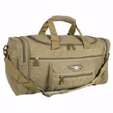 Bolsa de viagem grande em tecido bege, com alça de mão reforçada e alça transversal ajustável. Conta com compartimento principal espaçoso, bolsos extras e zíper reforçado.