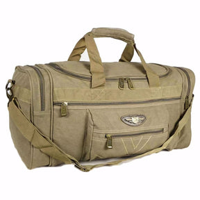 Bolsa de viagem grande em tecido bege, com alça de mão reforçada e alça transversal ajustável. Conta com compartimento principal espaçoso, bolsos extras e zíper reforçado.