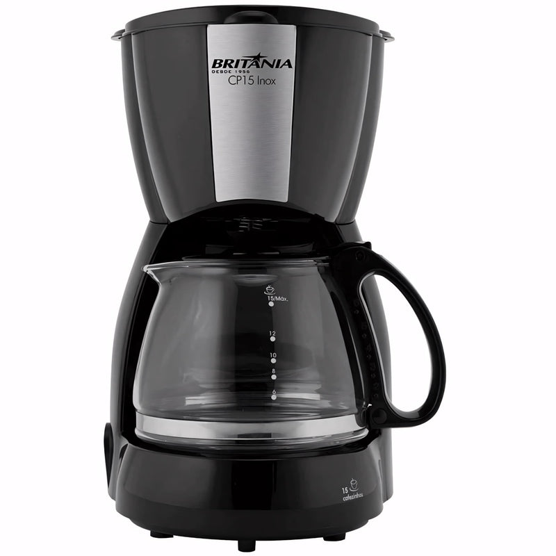 Cafeteira elétrica Britânia CP15 Inox com jarra de vidro para até 15 cafezinhos, filtro permanente e sistema corta-pingo. Design moderno, prática e eficiente para uso diário.