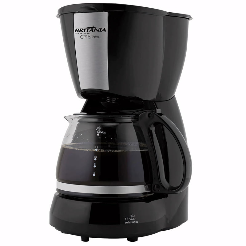 Cafeteira elétrica Britânia CP15 Inox com jarra de vidro para até 15 cafezinhos, filtro permanente e sistema corta-pingo. Design moderno, prática e eficiente para uso diário.