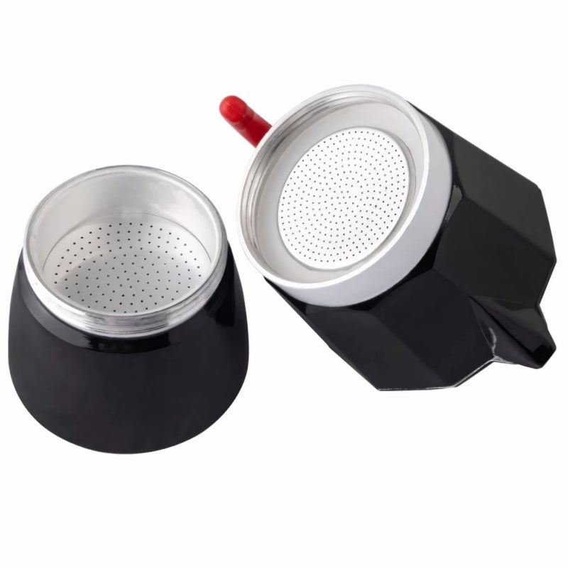 Cafeteira Italiana tradicional em alumínio com detalhes em vermelho. Prepara até 6 xícaras de 50ml com eficiência e segurança. Design moderno, leve e ergonômico, ideal para café espresso intenso em casa.