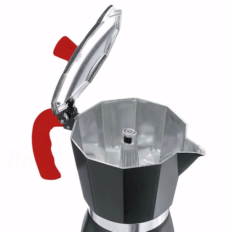 Cafeteira Italiana tradicional em alumínio com detalhes em vermelho. Prepara até 6 xícaras de 50ml com eficiência e segurança. Design moderno, leve e ergonômico, ideal para café espresso intenso em casa.