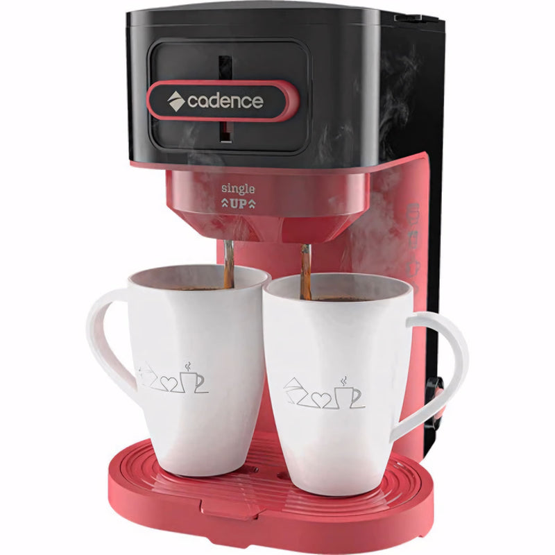 Cafeteira Elétrica Single Up na cor preta com vermelho, prepara dois cafés ao mesmo tempo, possui base antiaderente e acompanha duas xícaras. Compacta, moderna e ideal para quem busca agilidade e estilo no preparo do café.