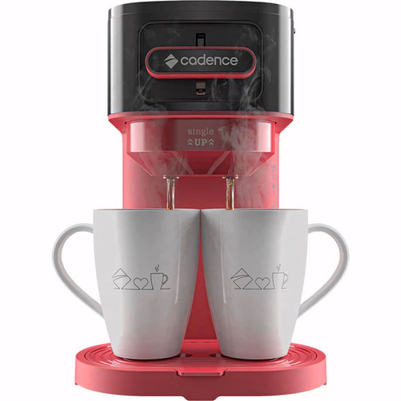 Cafeteira Elétrica Single Up na cor preta com vermelho, prepara dois cafés ao mesmo tempo, possui base antiaderente e acompanha duas xícaras. Compacta, moderna e ideal para quem busca agilidade e estilo no preparo do café.
