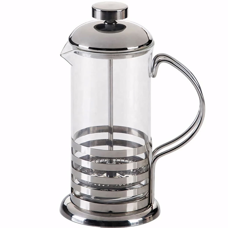 Cafeteira prensa francesa de vidro com estrutura em aço inox, ideal para preparo de café, chá ou capuccino cremoso. Estilo moderno e funcional, disponível nos tamanhos 350ml e 600ml, perfeita para uso doméstico ou presente.