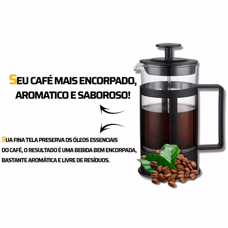 Cafeteira prensa francesa Good Coffee 350ml, perfeita para preparar café, chá, leite cremoso ou cappuccino. Com design elegante, visor transparente e alça ergonômica, oferece praticidade e sabor em cada preparo artesanal.