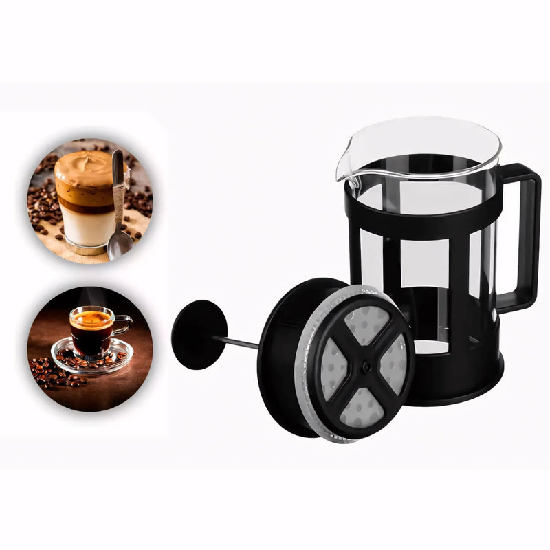 Cafeteira prensa francesa Good Coffee 350ml, perfeita para preparar café, chá, leite cremoso ou cappuccino. Com design elegante, visor transparente e alça ergonômica, oferece praticidade e sabor em cada preparo artesanal.