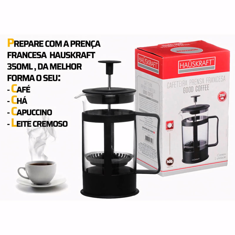 Cafeteira prensa francesa Good Coffee 350ml, perfeita para preparar café, chá, leite cremoso ou cappuccino. Com design elegante, visor transparente e alça ergonômica, oferece praticidade e sabor em cada preparo artesanal.