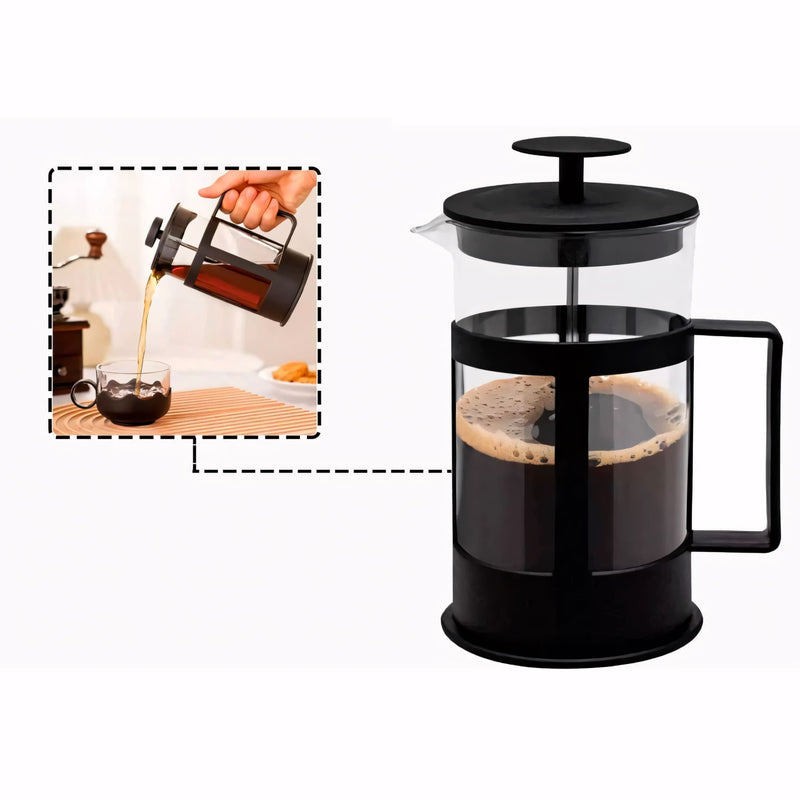 Cafeteira prensa francesa Good Coffee 350ml, perfeita para preparar café, chá, leite cremoso ou cappuccino. Com design elegante, visor transparente e alça ergonômica, oferece praticidade e sabor em cada preparo artesanal.