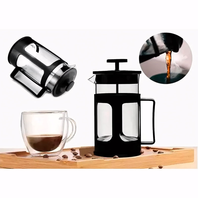 Cafeteira prensa francesa Good Coffee 350ml, perfeita para preparar café, chá, leite cremoso ou cappuccino. Com design elegante, visor transparente e alça ergonômica, oferece praticidade e sabor em cada preparo artesanal.