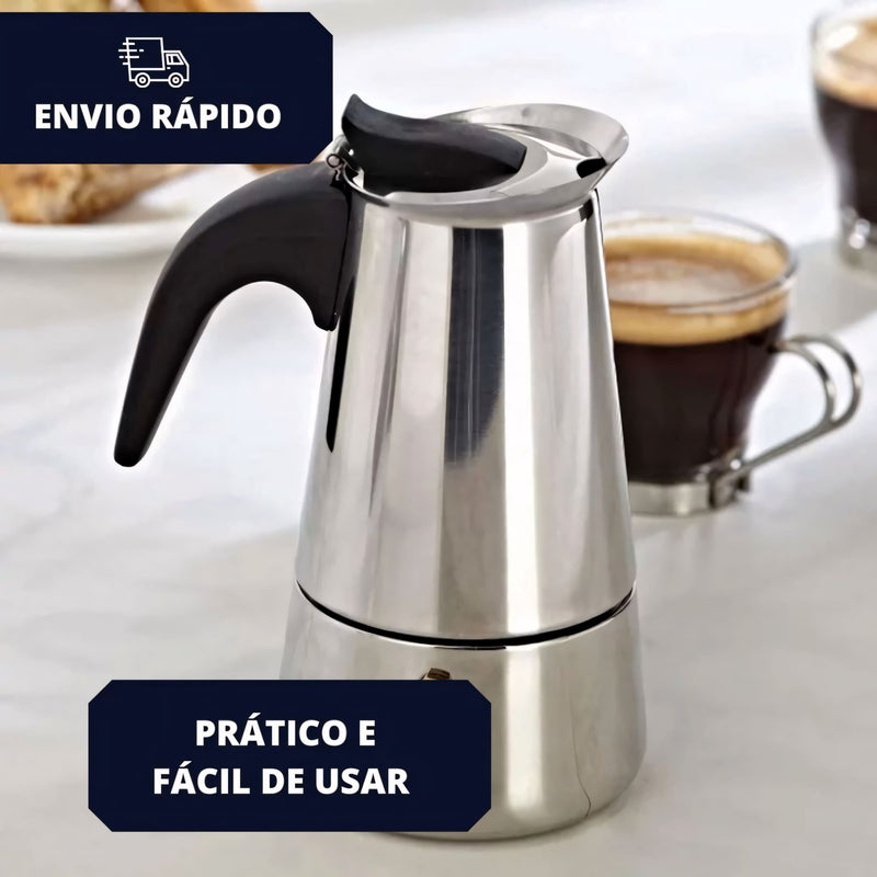 Cafeteira italiana em aço inox com alça ergonômica e tampa articulada. Ideal para preparar café espresso no fogão com sabor intenso, aroma preservado e design elegante para servir direto à mesa.