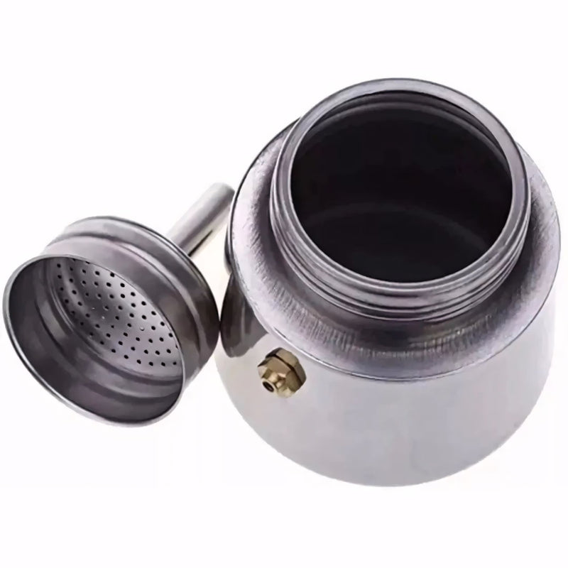 Cafeteira italiana em aço inox com alça ergonômica e tampa articulada. Ideal para preparar café espresso no fogão com sabor intenso, aroma preservado e design elegante para servir direto à mesa.