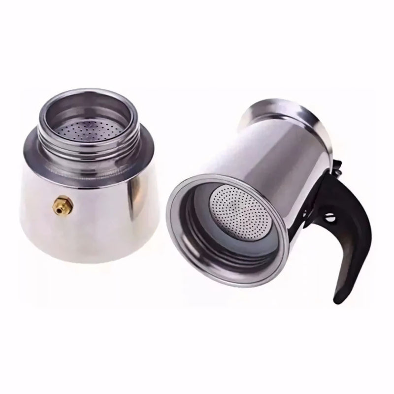 Cafeteira italiana em aço inox com alça ergonômica e tampa articulada. Ideal para preparar café espresso no fogão com sabor intenso, aroma preservado e design elegante para servir direto à mesa.