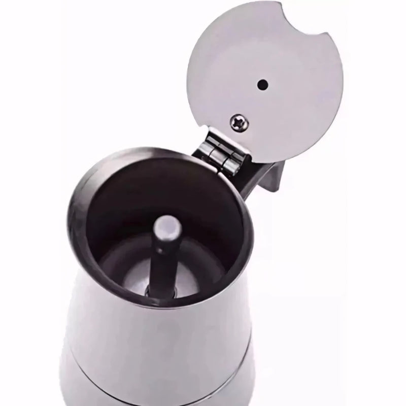 Cafeteira italiana em aço inox com alça ergonômica e tampa articulada. Ideal para preparar café espresso no fogão com sabor intenso, aroma preservado e design elegante para servir direto à mesa.