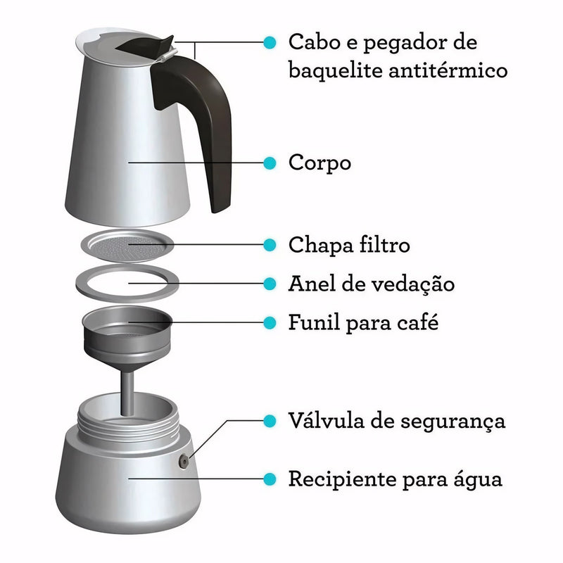 Cafeteira italiana em aço inox com alça ergonômica e tampa articulada. Ideal para preparar café espresso no fogão com sabor intenso, aroma preservado e design elegante para servir direto à mesa.