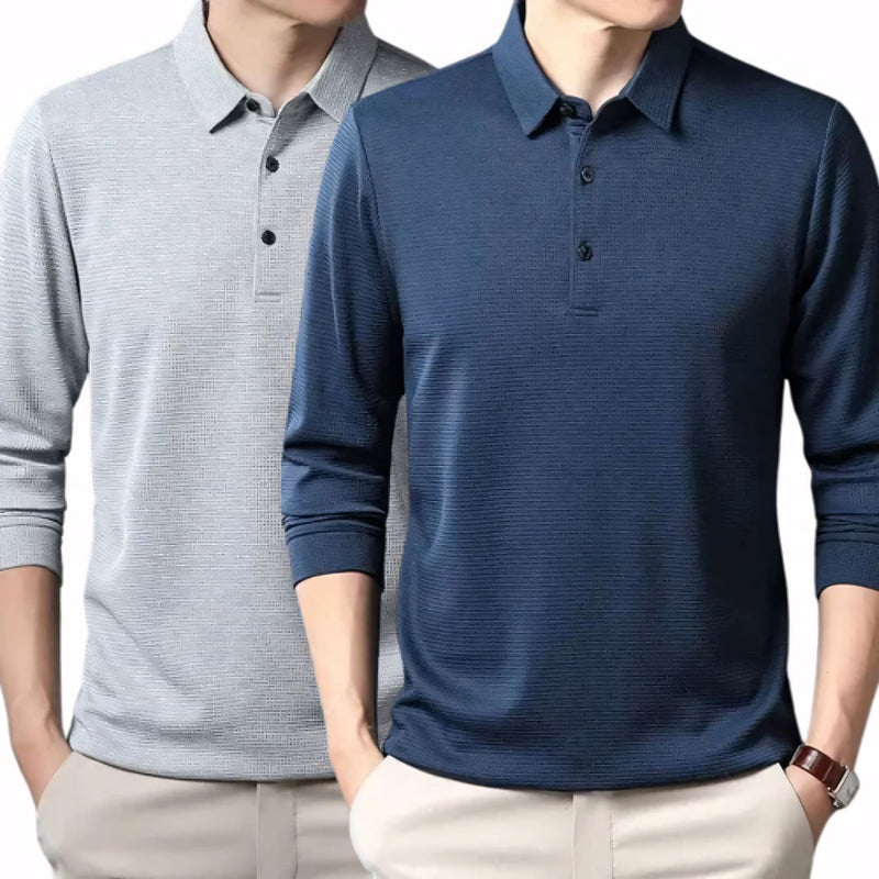 Camisa polo masculina manga longa com tecido leve, toque frio e acabamento refinado. Ideal para compor looks casuais ou formais, disponível em cores sóbrias como preto, azul, cinza e gelo.