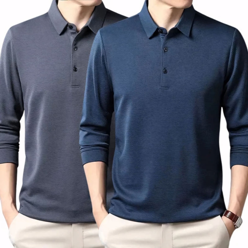 Camisa polo masculina manga longa com tecido leve, toque frio e acabamento refinado. Ideal para compor looks casuais ou formais, disponível em cores sóbrias como preto, azul, cinza e gelo.