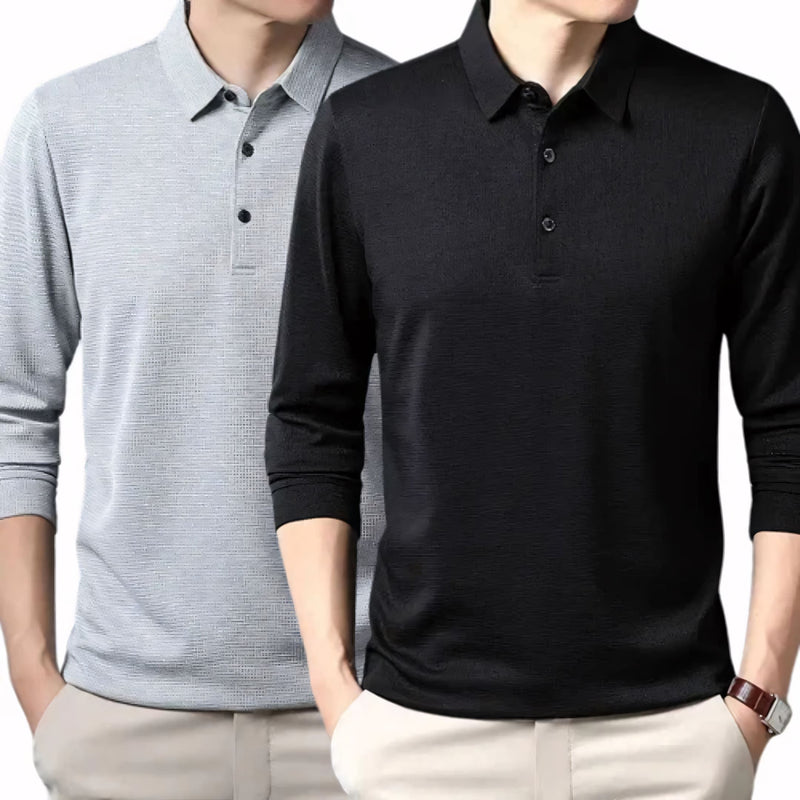 Camisa polo masculina manga longa com tecido leve, toque frio e acabamento refinado. Ideal para compor looks casuais ou formais, disponível em cores sóbrias como preto, azul, cinza e gelo.
