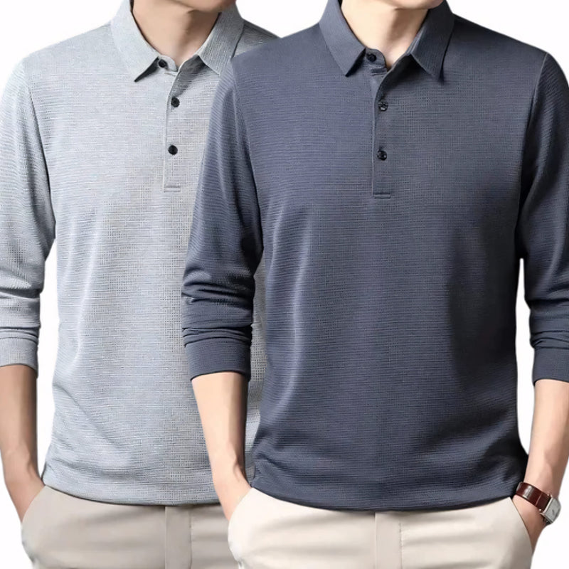 Camisa polo masculina manga longa com tecido leve, toque frio e acabamento refinado. Ideal para compor looks casuais ou formais, disponível em cores sóbrias como preto, azul, cinza e gelo.