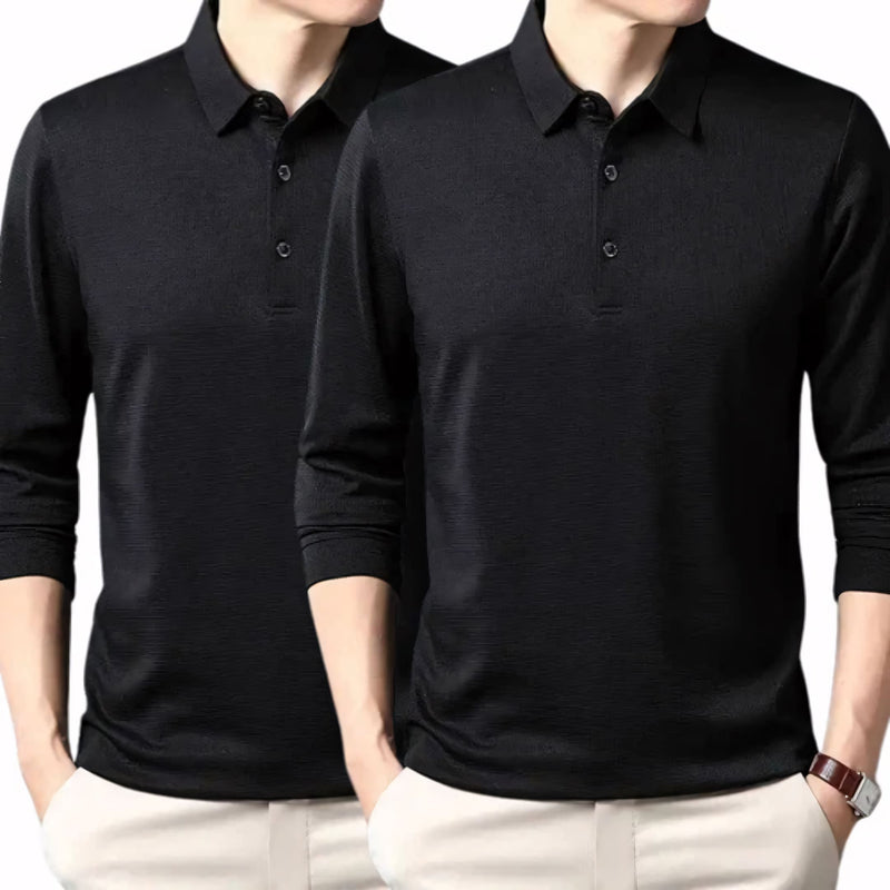 Camisa polo masculina manga longa com tecido leve, toque frio e acabamento refinado. Ideal para compor looks casuais ou formais, disponível em cores sóbrias como preto, azul, cinza e gelo.