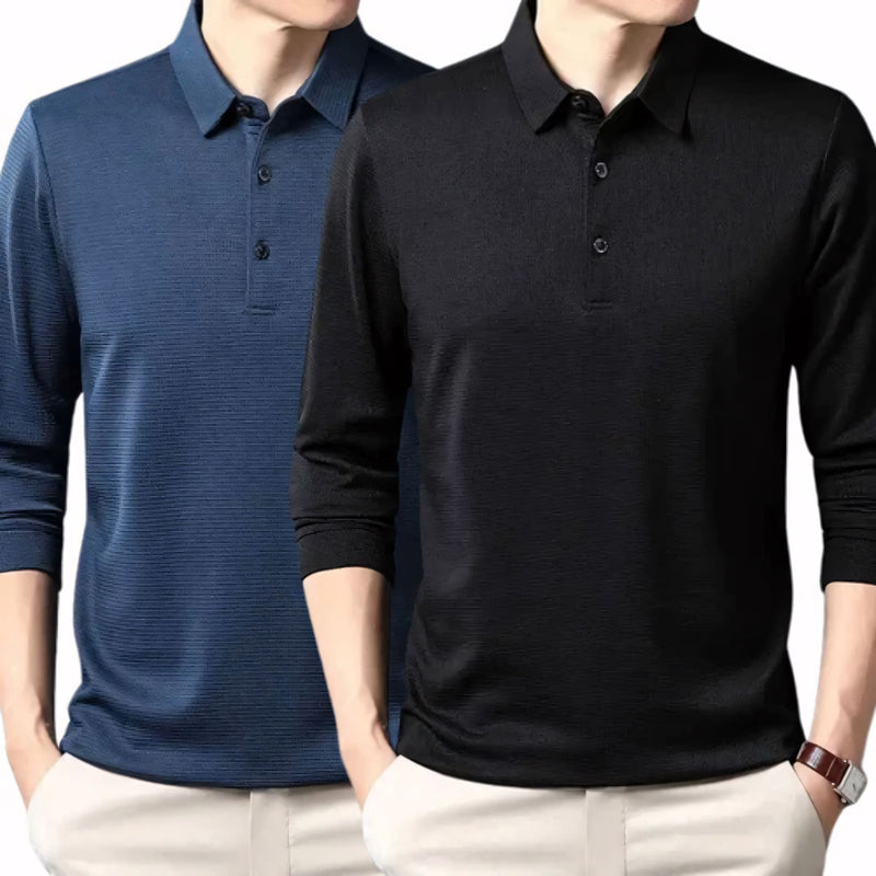 Camisa polo masculina manga longa com tecido leve, toque frio e acabamento refinado. Ideal para compor looks casuais ou formais, disponível em cores sóbrias como preto, azul, cinza e gelo.