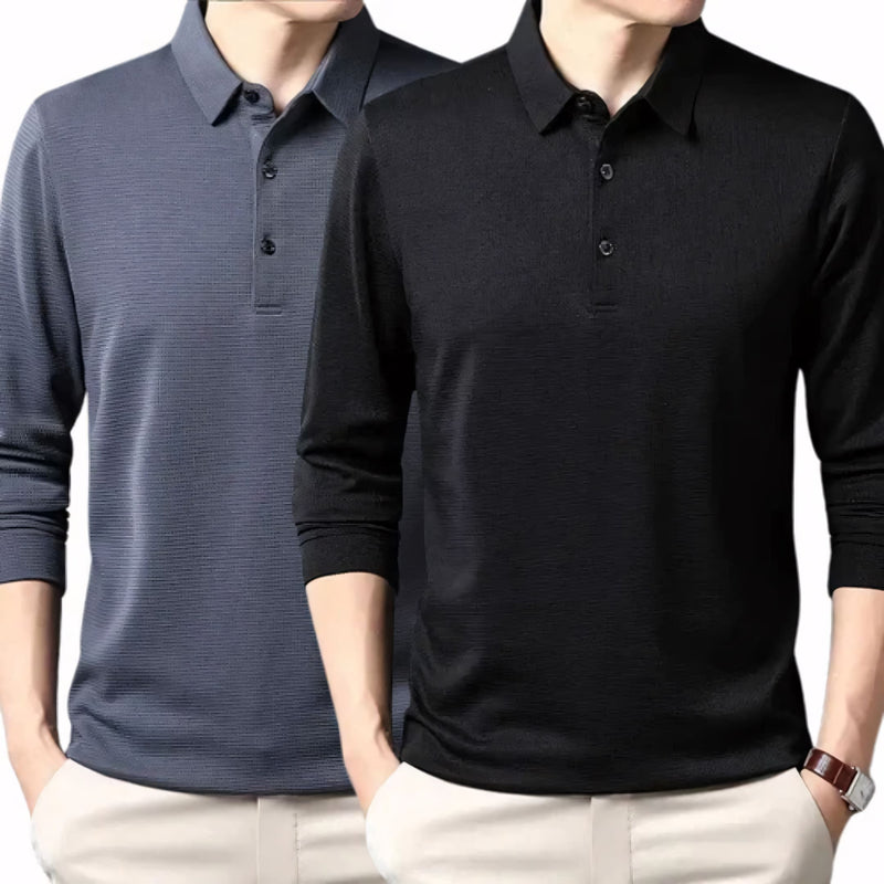 Camisa polo masculina manga longa com tecido leve, toque frio e acabamento refinado. Ideal para compor looks casuais ou formais, disponível em cores sóbrias como preto, azul, cinza e gelo.
