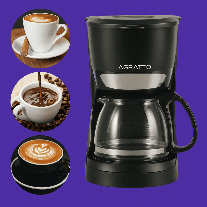 Cafeteira elétrica Agratto 15X com capacidade para 15 xícaras, filtro permanente, jarra de vidro e desligamento automático. Compacta, potente e perfeita para quem busca praticidade e sabor todos os dias.