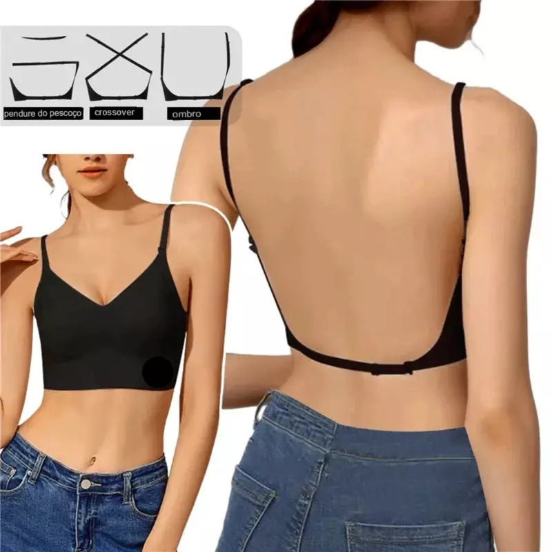 Mulher usando sutiã invisível preto com costas nuas, ideal para vestidos decotados e blusas abertas. Alças ajustáveis em três posições: pescoço, ombro e cruzadas, proporcionando sustentação discreta e conforto total.

