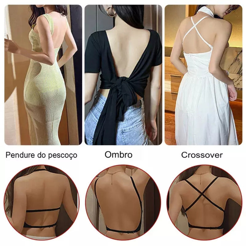 Mulher usando sutiã invisível preto com costas nuas, ideal para vestidos decotados e blusas abertas. Alças ajustáveis em três posições: pescoço, ombro e cruzadas, proporcionando sustentação discreta e conforto total.

