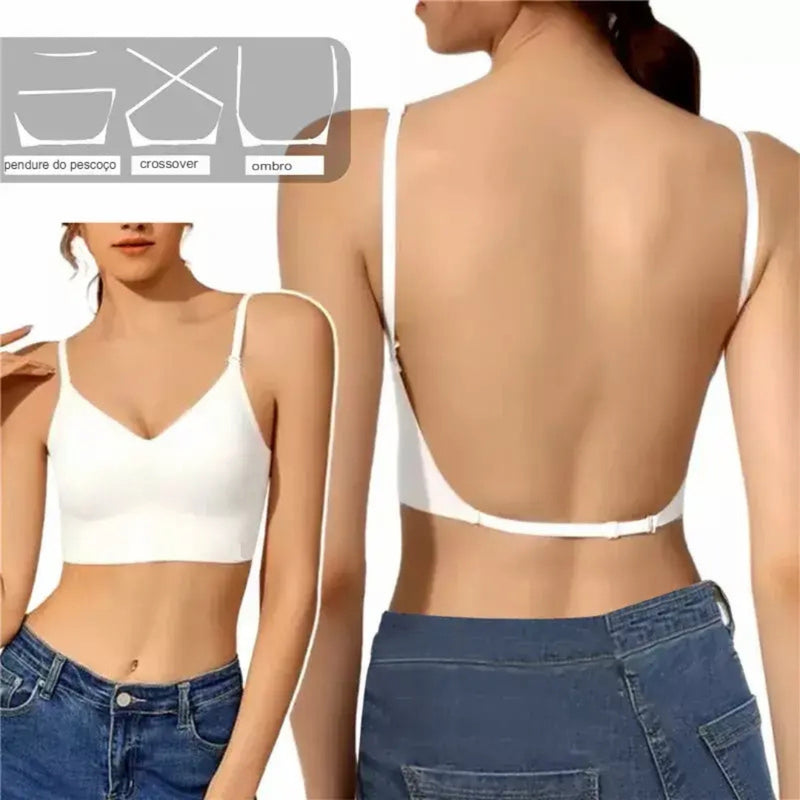 Mulher usando sutiã invisível preto com costas nuas, ideal para vestidos decotados e blusas abertas. Alças ajustáveis em três posições: pescoço, ombro e cruzadas, proporcionando sustentação discreta e conforto total.

