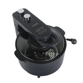 Air Fryer Forno multifuncional com 10L de capacidade, tampa de vidro, grelha giratória, cesto interno e controles ajustáveis. Design moderno e preparo saudável sem óleo.