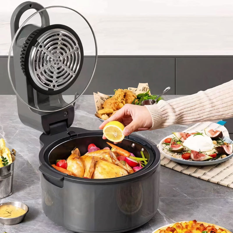 Air Fryer Forno multifuncional com 10L de capacidade, tampa de vidro, grelha giratória, cesto interno e controles ajustáveis. Design moderno e preparo saudável sem óleo.